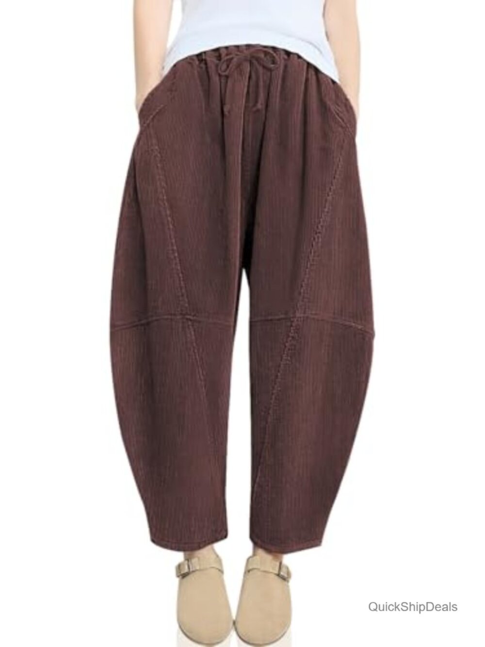 Womens Corduroy Baggy Harem Pants Elastic Waist Drawstring Wide Leg Lounge